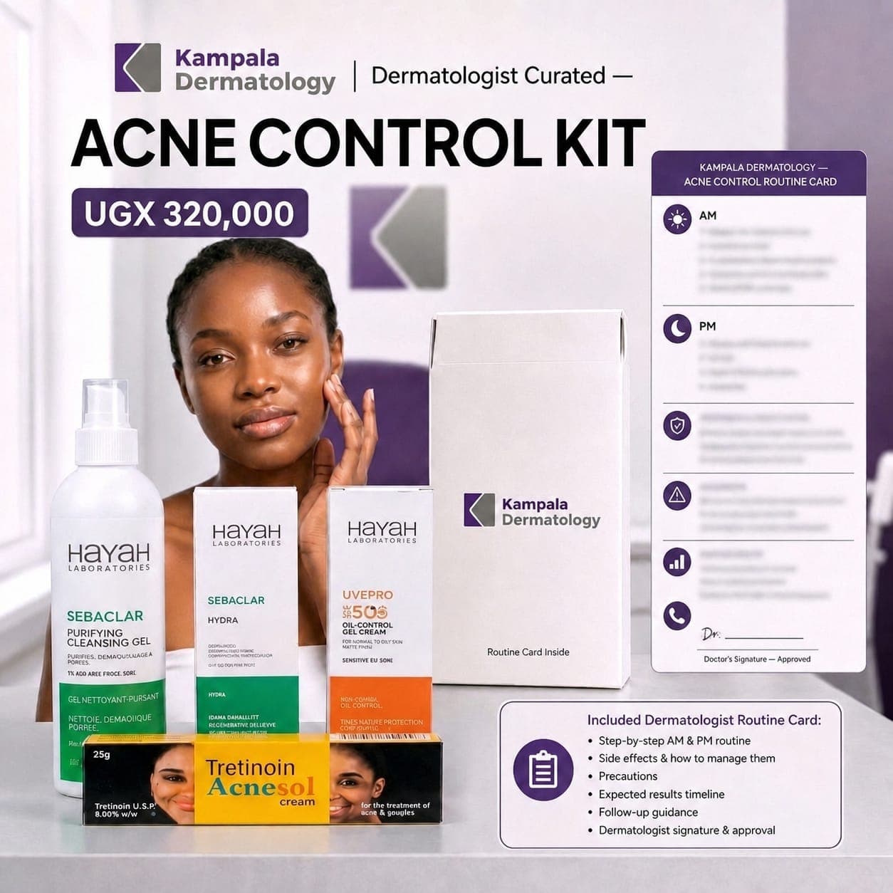 Acne Control Kit products with the Kampala Dermatology routine card
