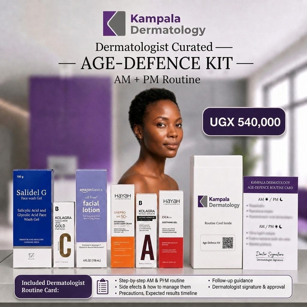 Age-Defence Kit products with the Kampala Dermatology routine card