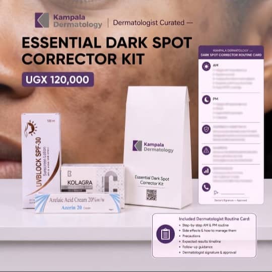 Essential Dark Spot Corrector Kit products with the Kampala Dermatology routine card