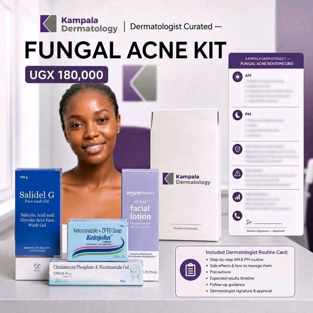 Fungal Acne Kit products with the Kampala Dermatology routine card