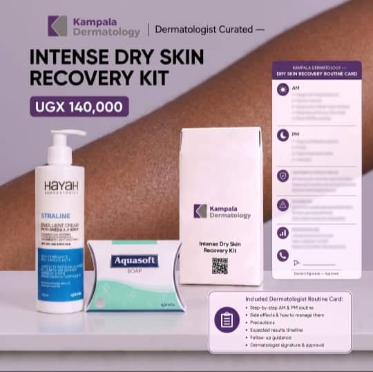 Intense Dry Skin Recovery Kit products with the Kampala Dermatology routine card