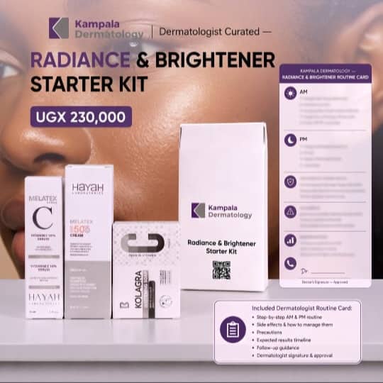 Radiance & Brightener Starter Kit products with the Kampala Dermatology routine card