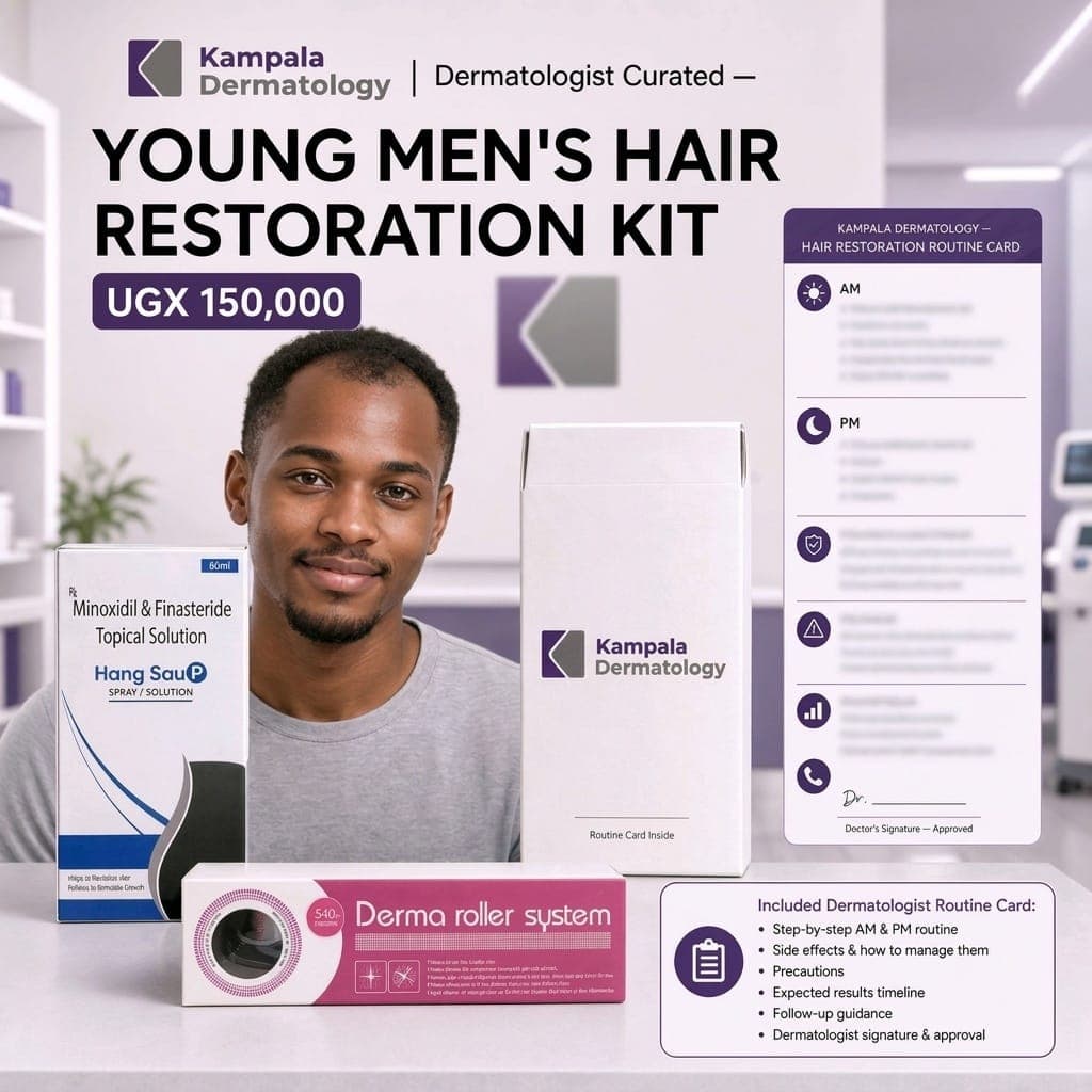 Young Men's Hair Restoration Kit with Minoxidil and Finasteride topical solution and derma roller