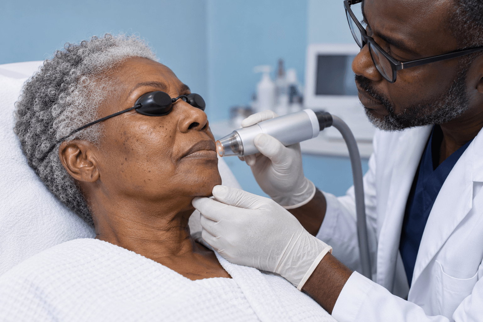 Dermatologist performs a laser facial treatment