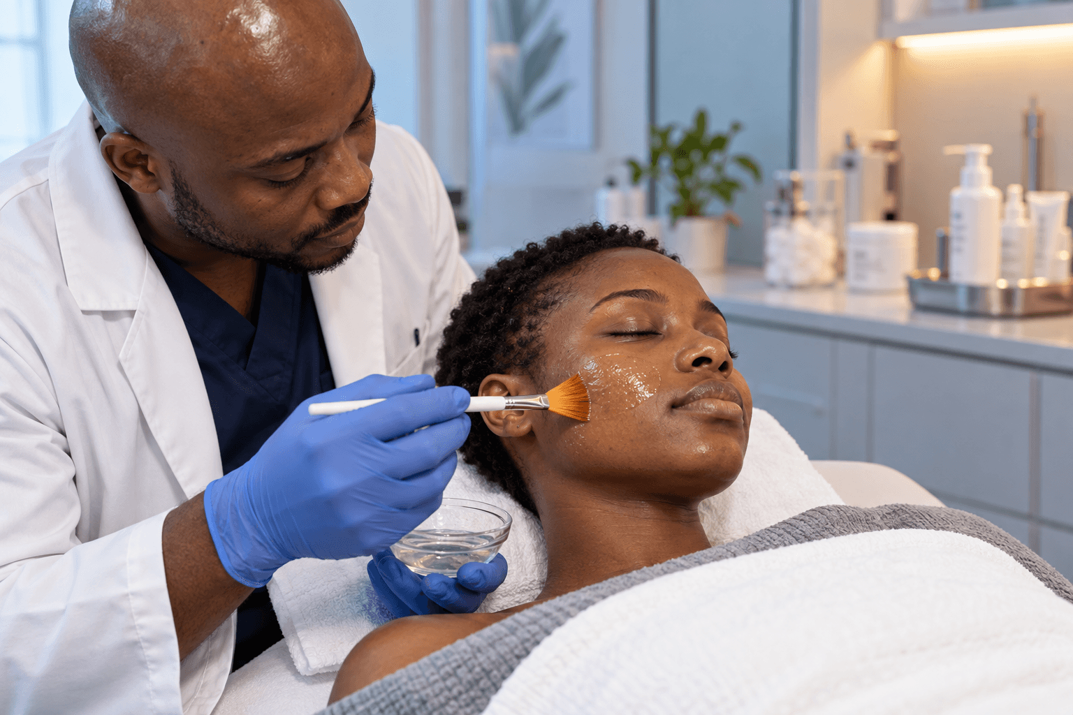 Clinician applies a chemical peel to a patient’s cheek