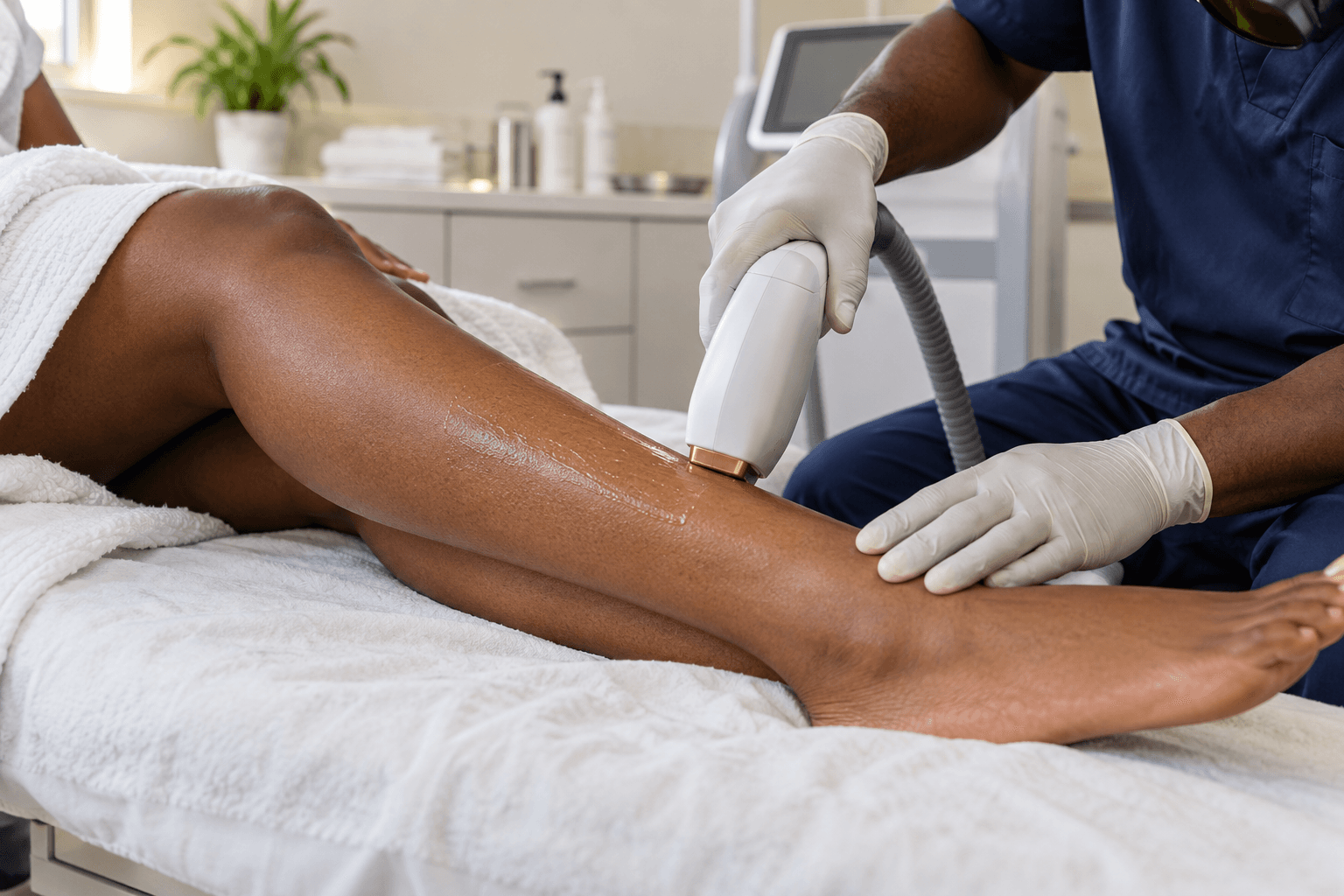 Laser hair reduction treatment on a patient’s lower leg