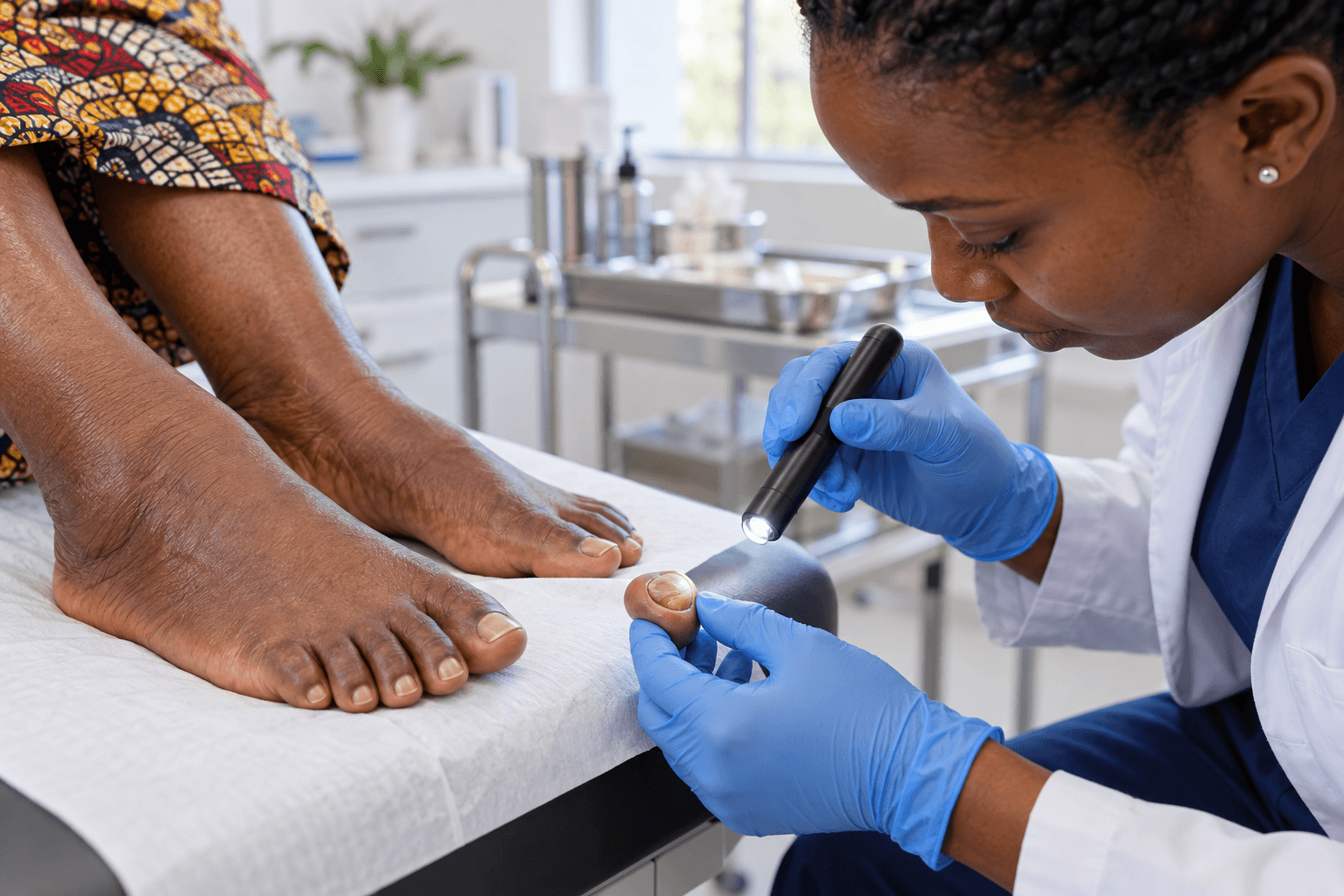 Clinician examines a patient’s toenail for fungal changes