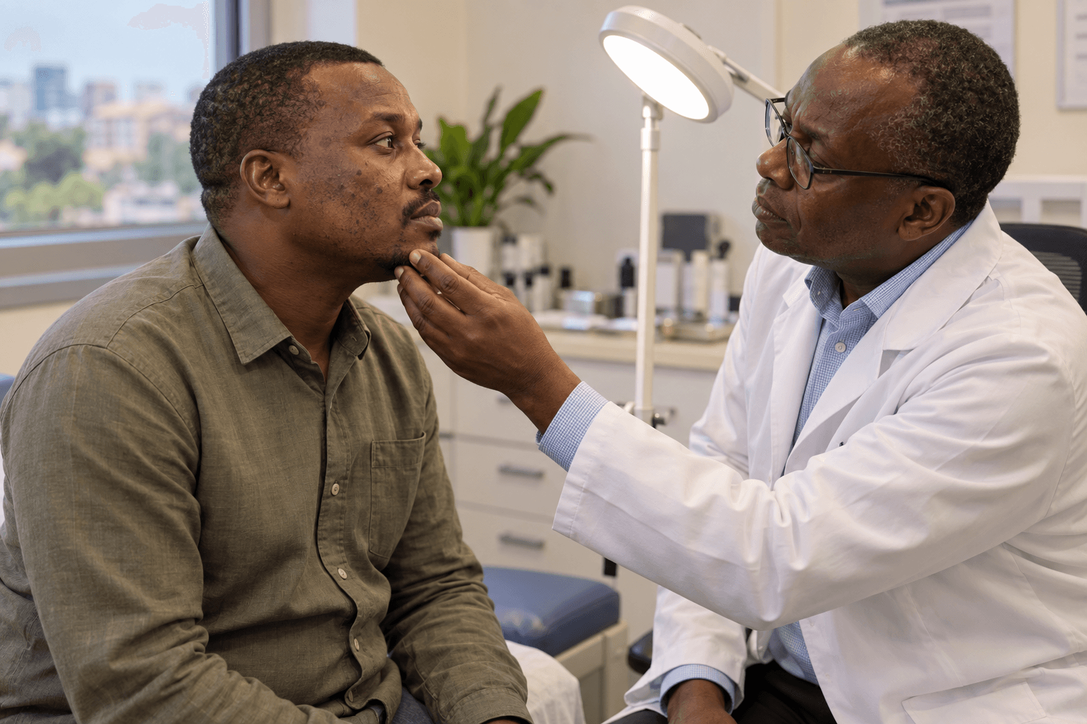 Dermatologist assesses facial pigmentation on a patient