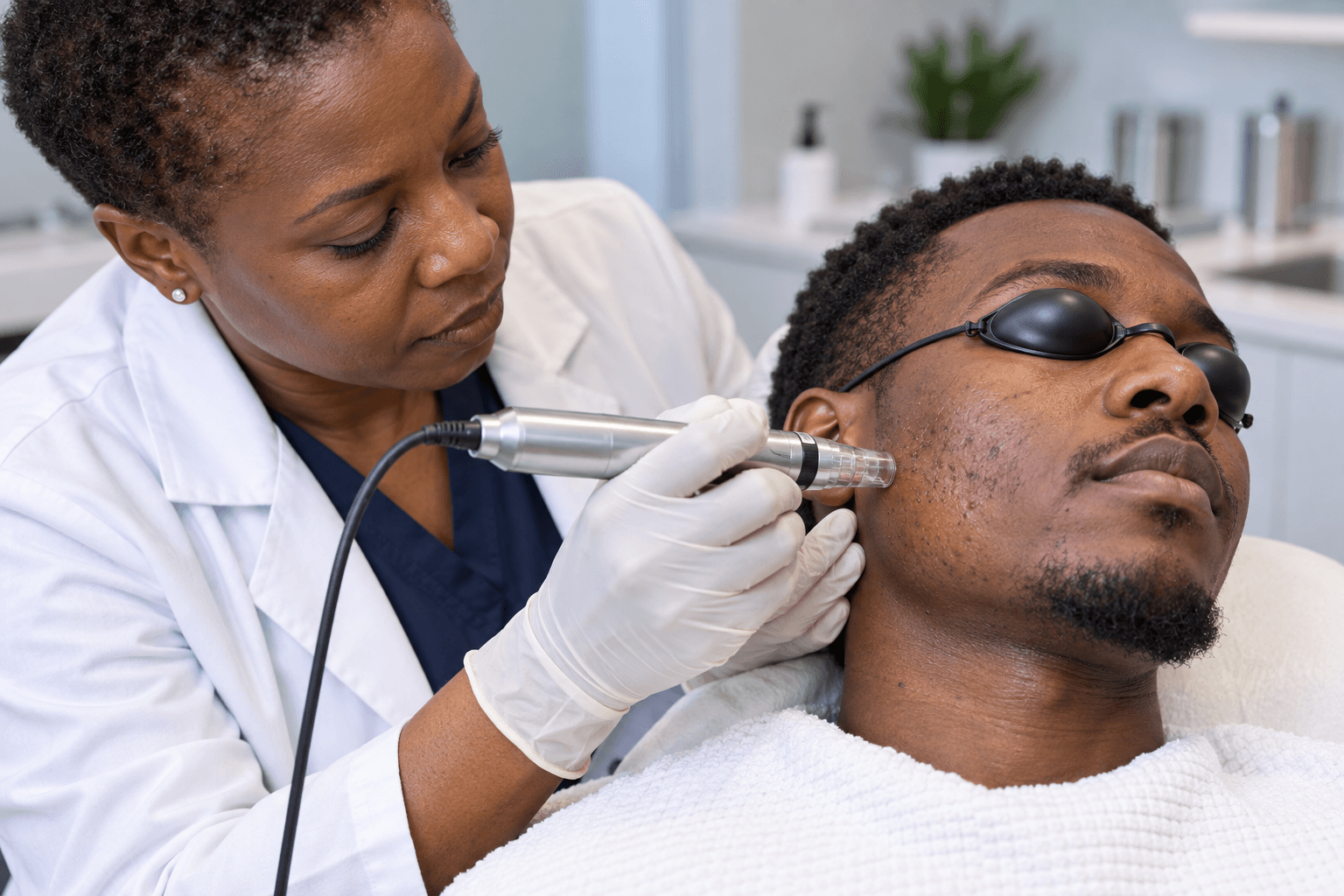 Dermatologist performs microneedling on a patient’s cheek